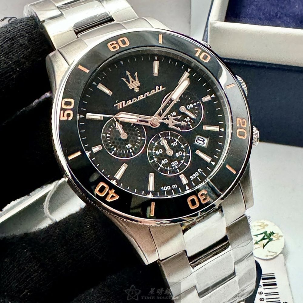 MASERATI手錶,編號R8873600003,44mm黑錶殼,銀色錶帶款◉20A004